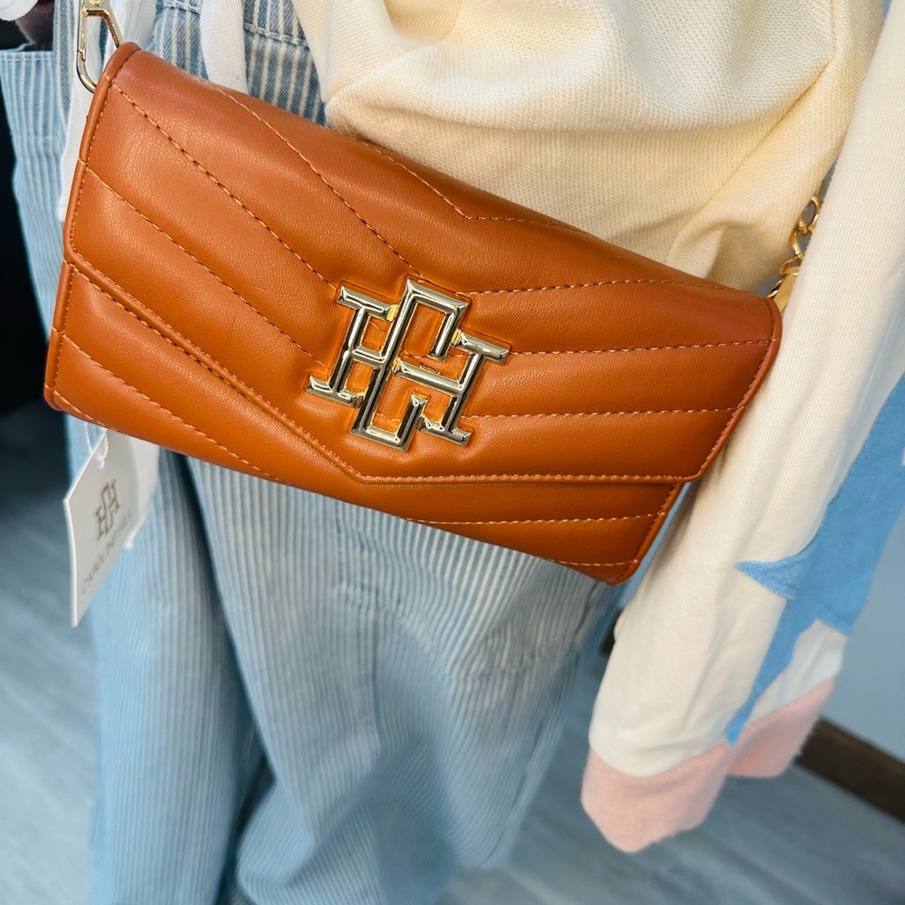 Quilted Cognac Crossbody Bag with Gold Hardware
